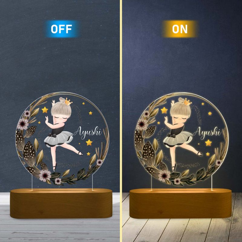 Personalized Ballerina Fairy Dancing Girl Night Lamp with Warm White Light & Wooden Stand Gift for Dancer Birthday Return Gift Girls Room Decor Light